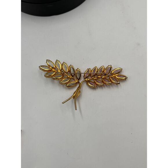 Gold Tone Pink and Clear Acrylic Rhinestone Branch Leaf Spray Large Brooch - Picture 6 of 7